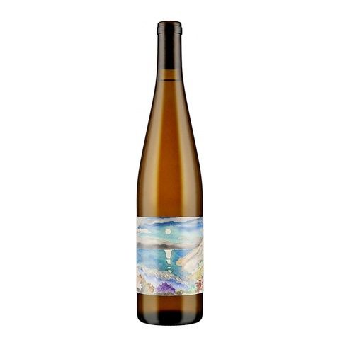 Amber wine bottle with a colorful, watercolor-style landscape label